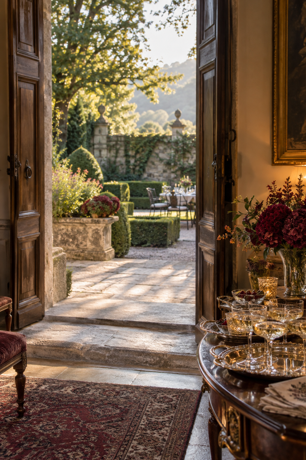 Puertas abiertas hacia un jardín preparado para una celebración privada