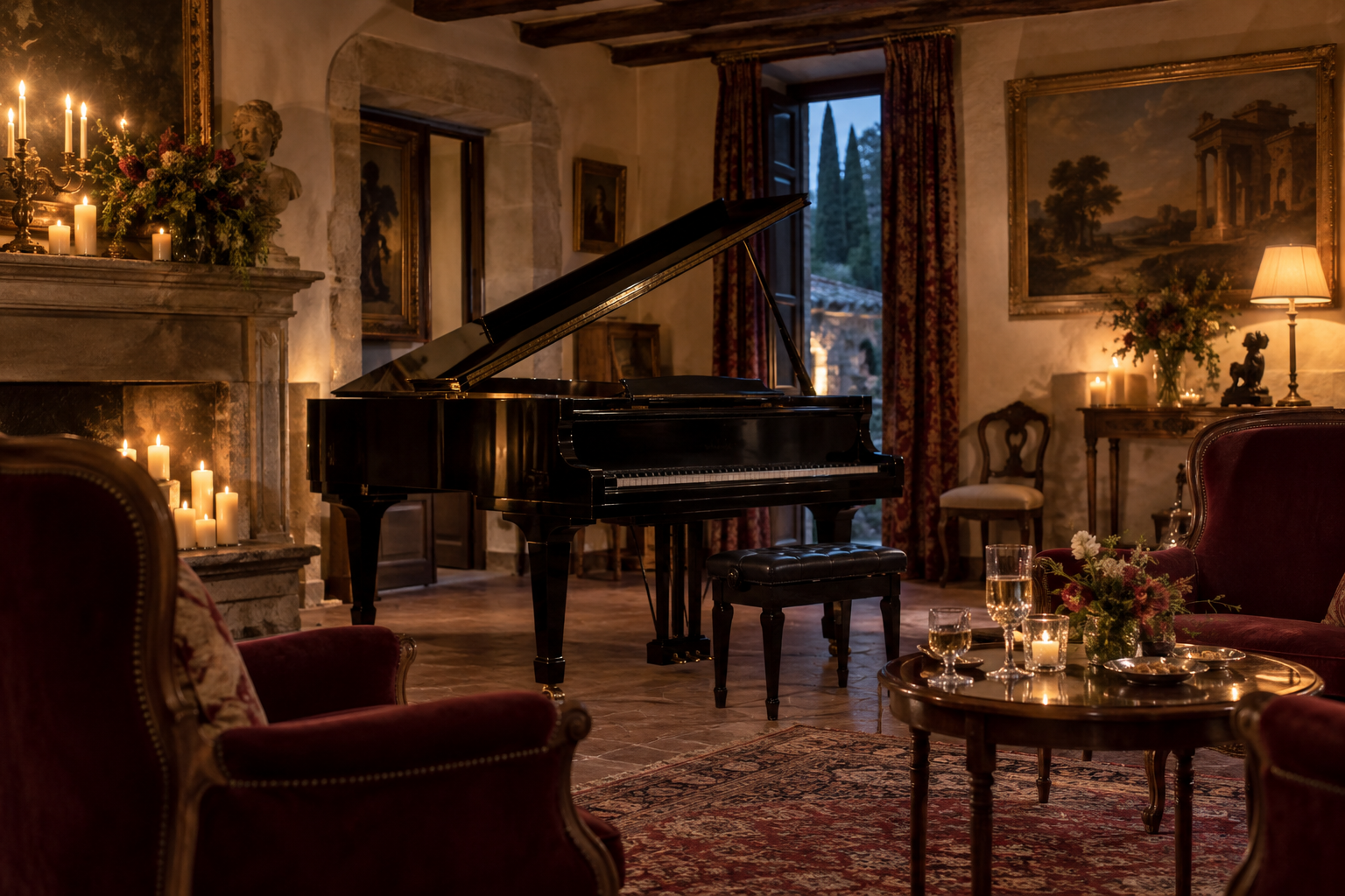 Piano y asientos en un salón histórico preparado para una velada cultural privada