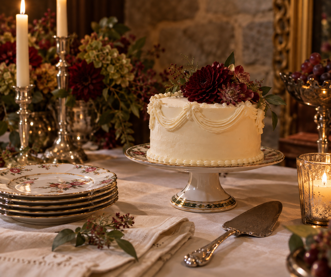 Tarta sencilla, porcelana antigua y flores burdeos sobre una mesa de celebración