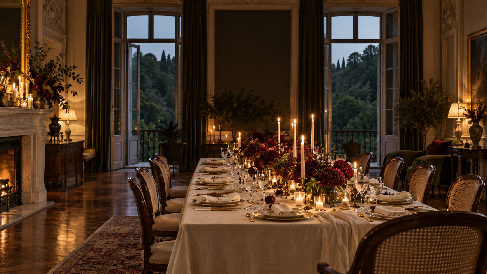 Mesa de gala preparada en un salón histórico con velas y flores borgoña