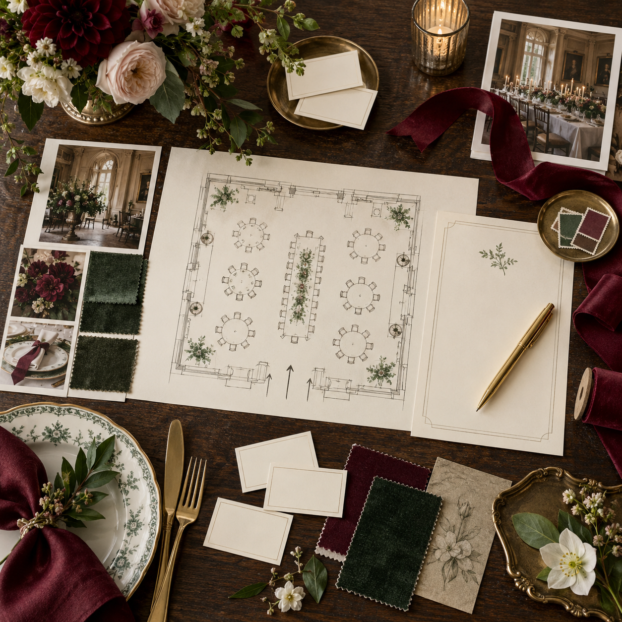 Plano de sala, tarjetas y muestras para organizar una cena de gala