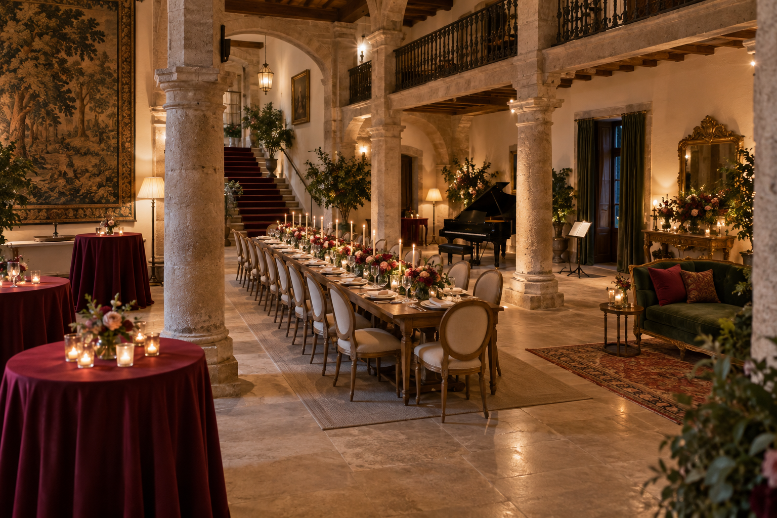 Salón histórico preparado con mesa larga, cóctel y espacio para música