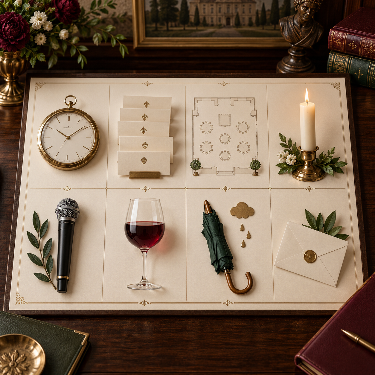 Checklist visual con iconos para planificar una cena de gala privada