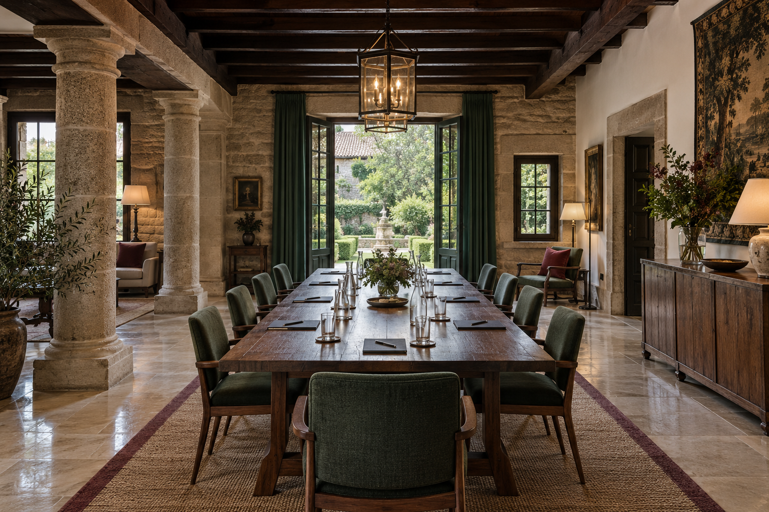 Historic stone room arranged for a focused corporate meeting in Spain