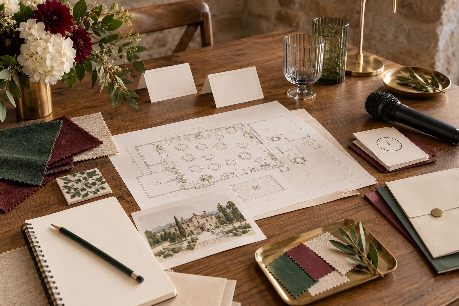 Floor plan, material samples and notes for planning a corporate event