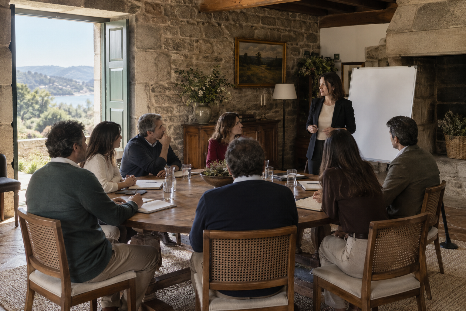 International team holding a workshop in a historic Galician room