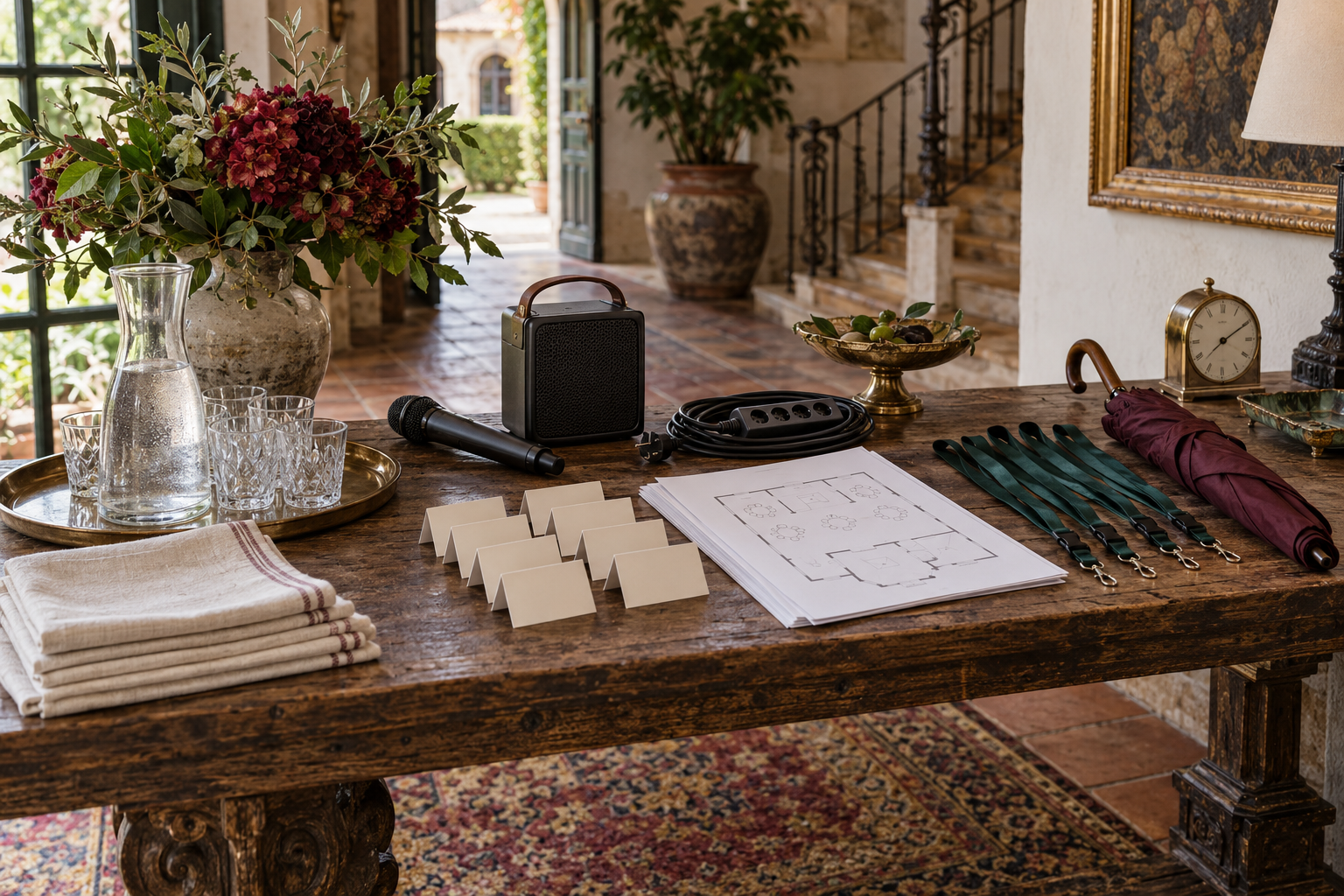 Technical equipment and practical checklist for a corporate event venue