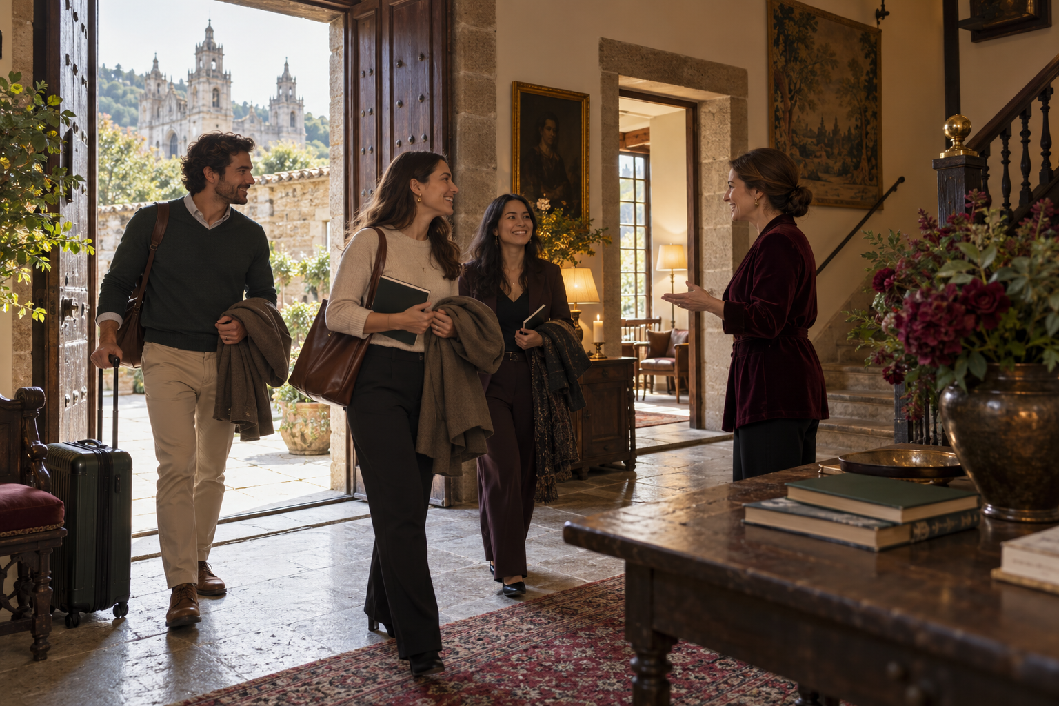 Colleagues arriving at a historic house for a corporate retreat