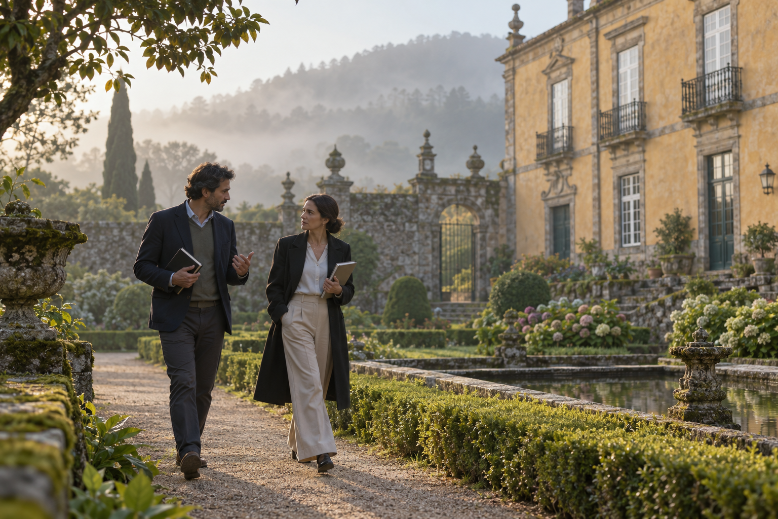 Two colleagues discussing a strategic question while walking in a historic garden
