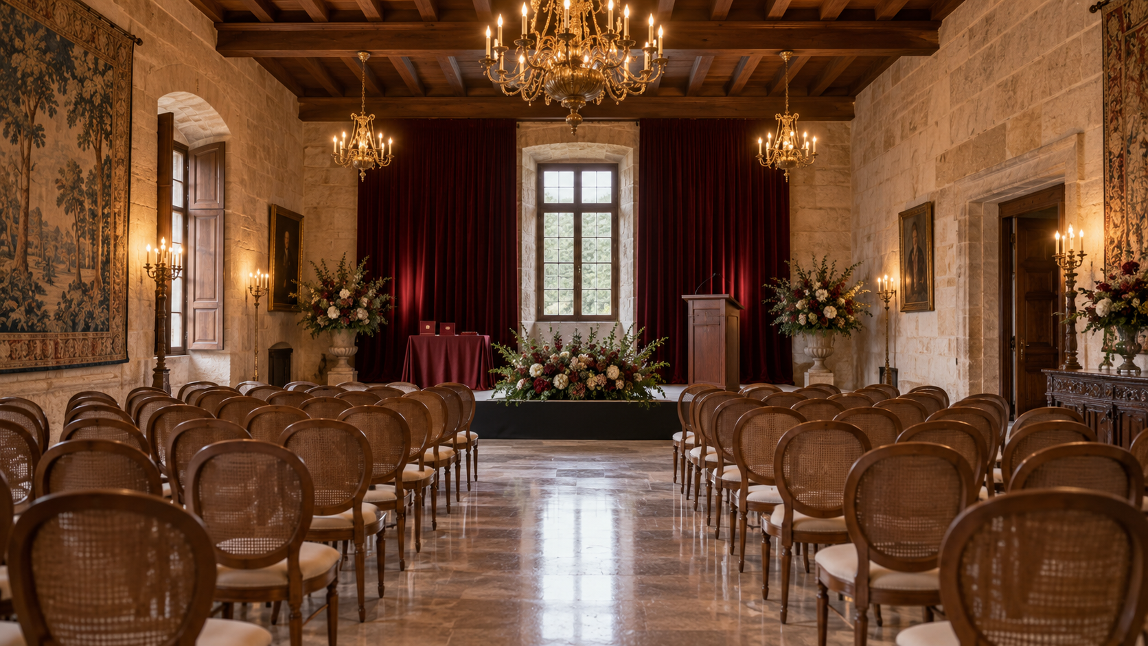 Salón histórico preparado para una entrega de premios privada en Santa Emilia