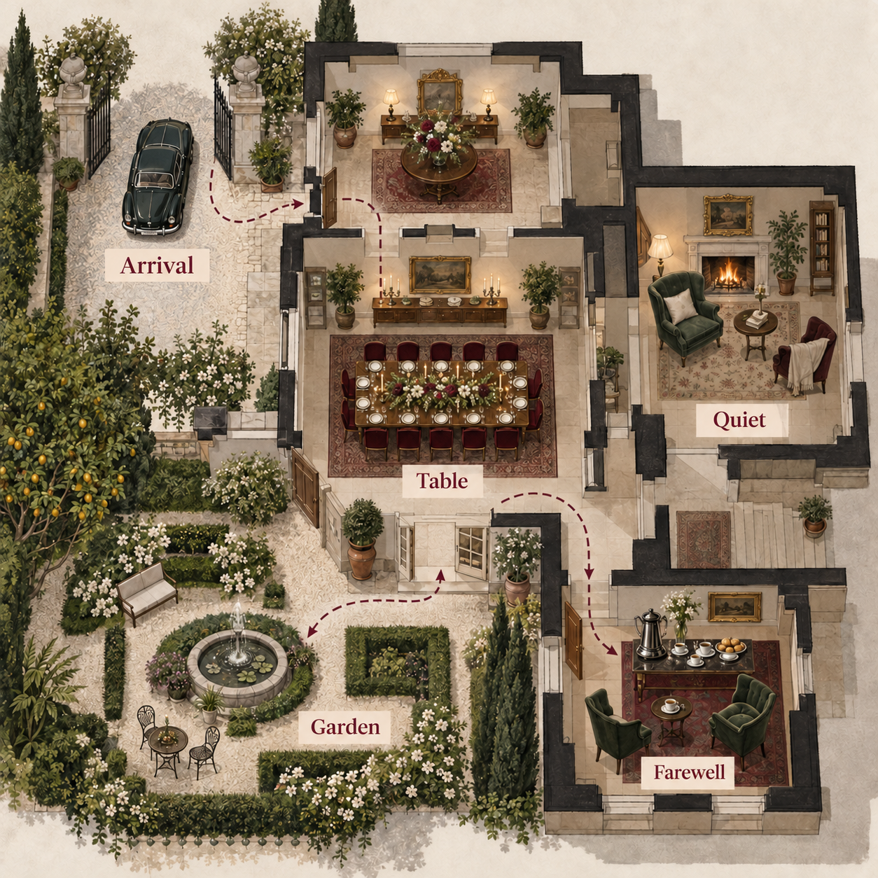 A simple route through arrival, table, quiet space, garden and farewell