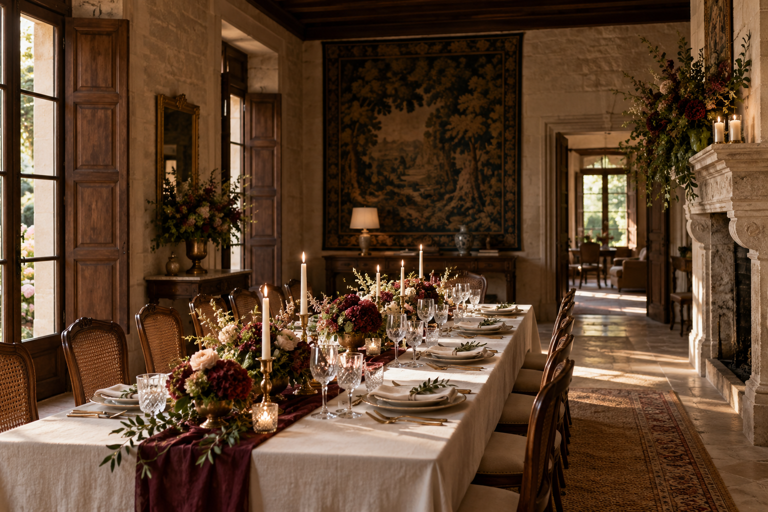 Mesa elegante preparada para una fiesta de aniversario en un palacete gallego