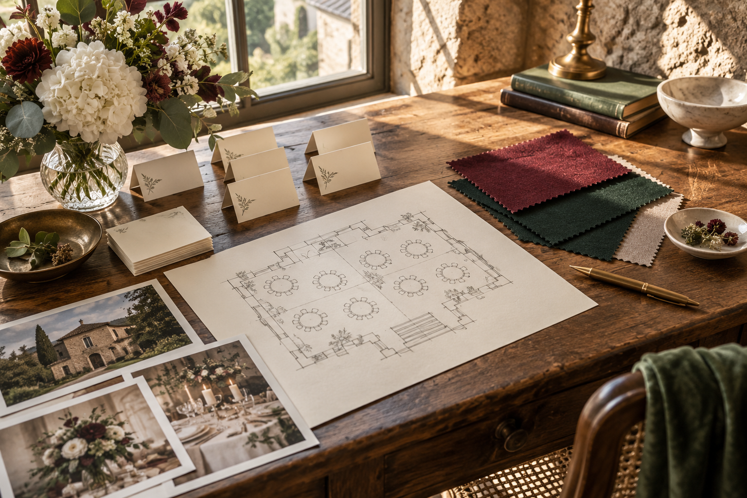Materiales de planificación para una fiesta privada sobre una mesa de madera
