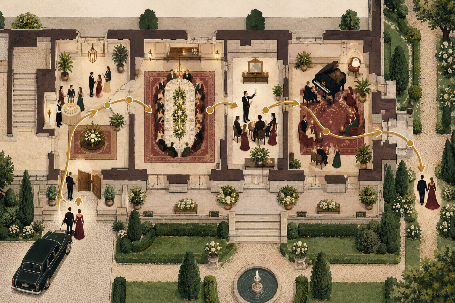 Esquema visual de recorrido para una fiesta privada en una casa histórica