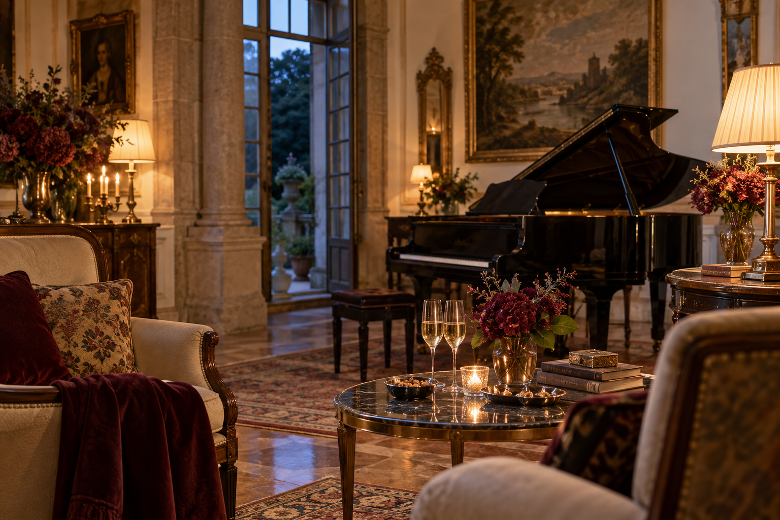 Salón con piano preparado para un brindis tranquilo después de una cena privada
