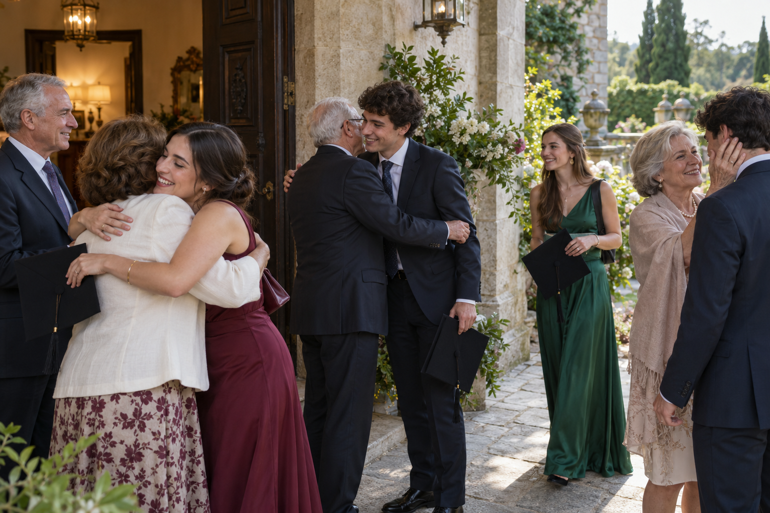 Graduados y familiares saludándose a la entrada de una casa histórica