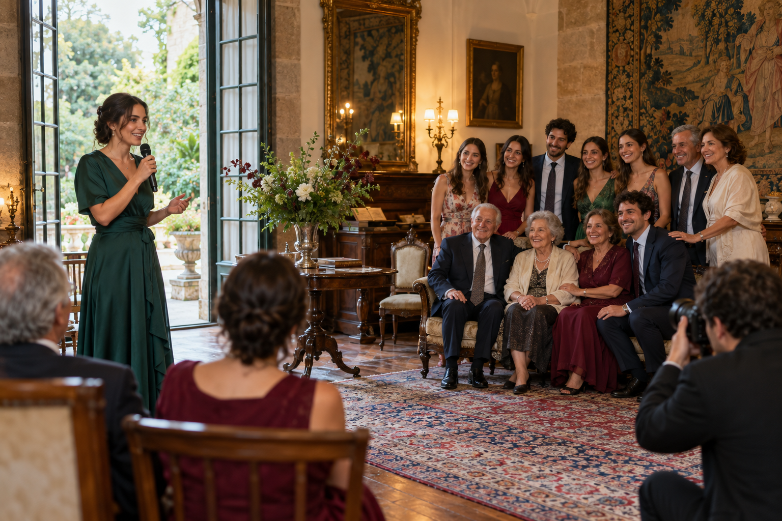 Graduada pronunciando unas palabras antes de una fotografía de grupo