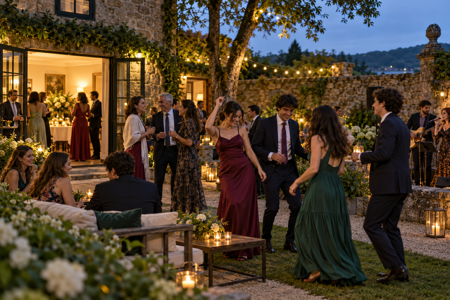 Jóvenes graduados bailando al anochecer junto a un interior iluminado