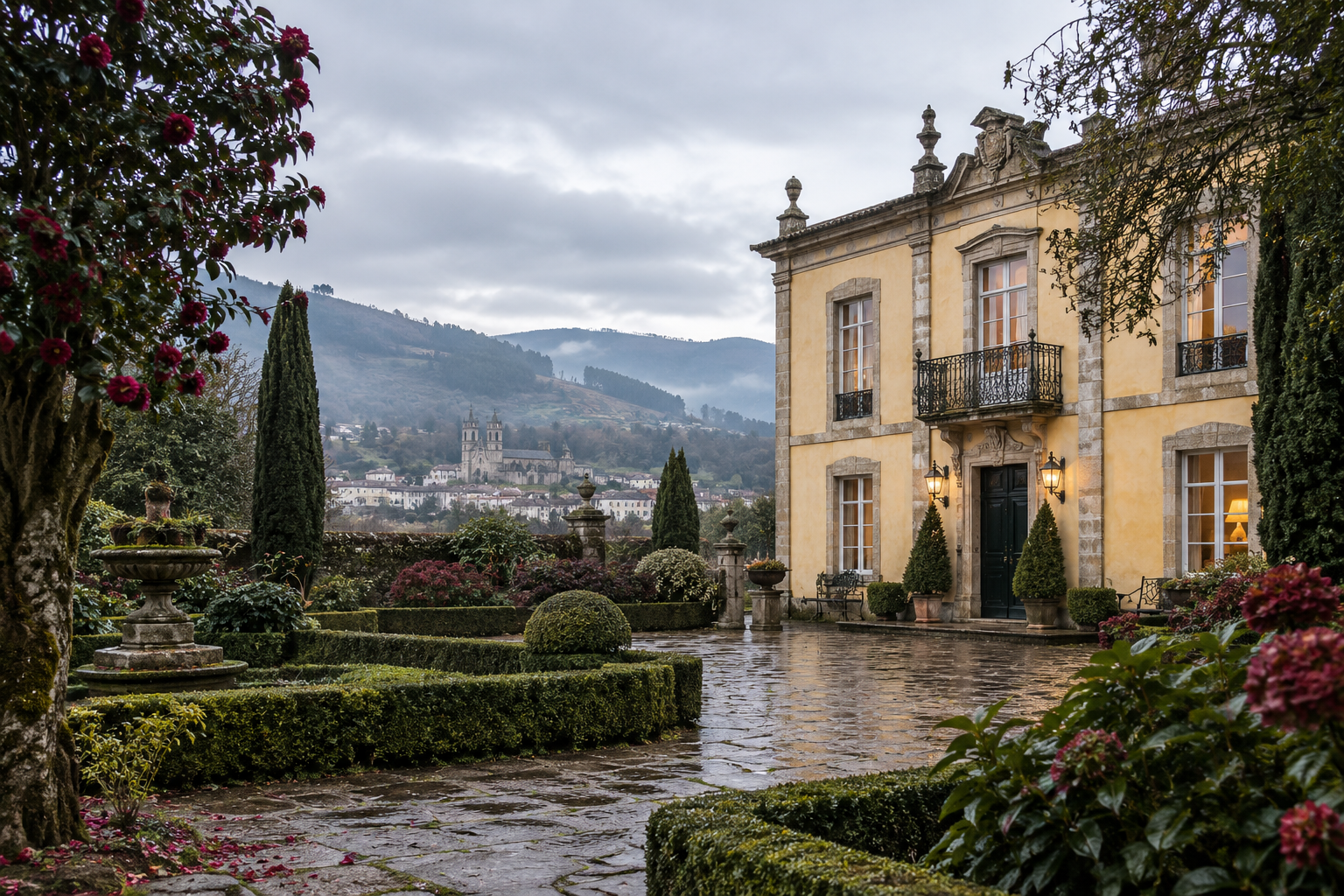 Historic Galician palacete and garden in winter light near Mondoñedo