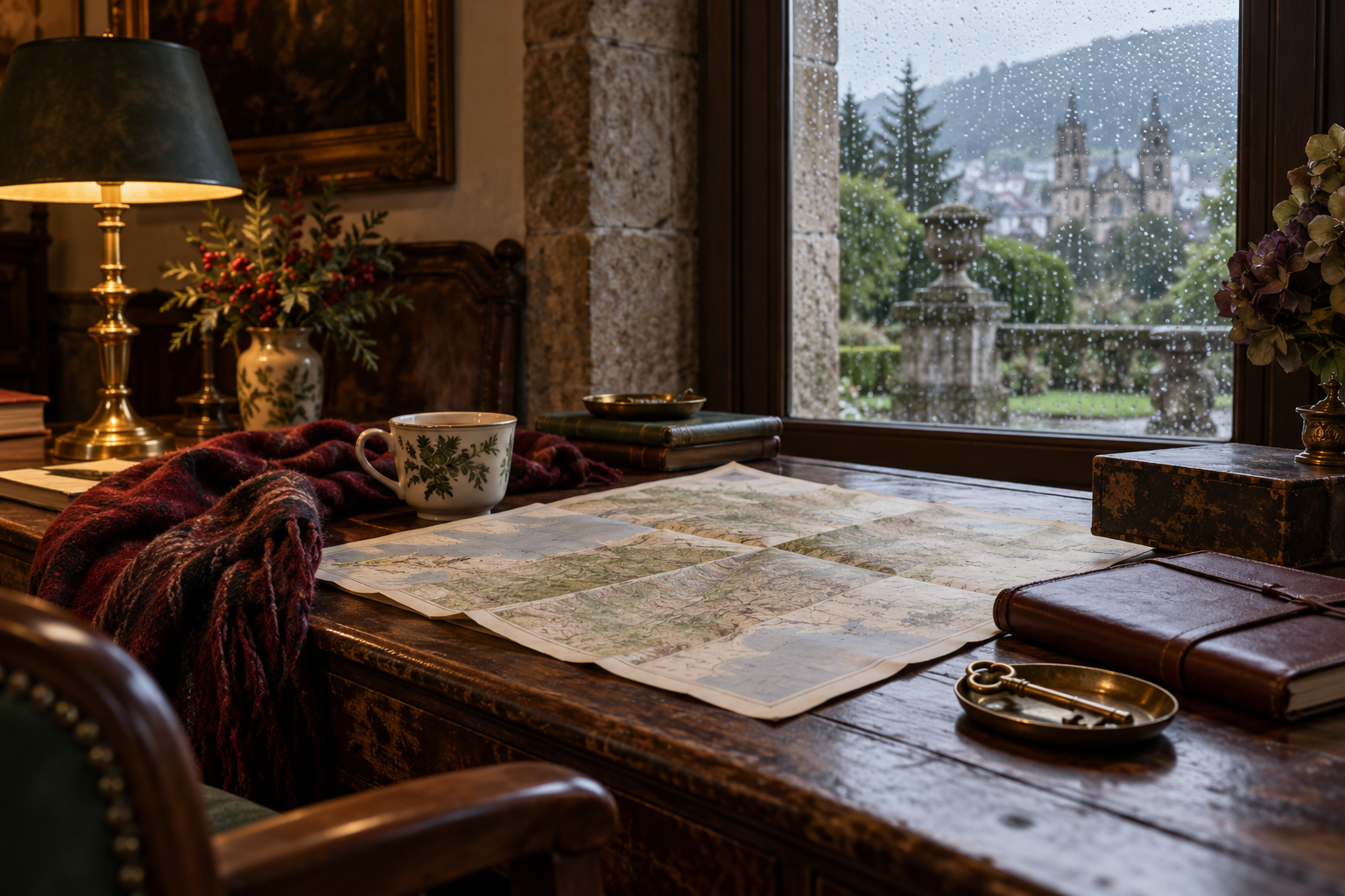 Winter travel planning on an antique desk with a rainy Galician garden beyond the window