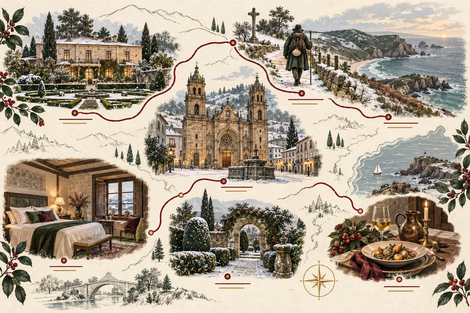 Illustrated winter itinerary linking Santa Emilia, Mondoñedo, the Camino and the Galician coast