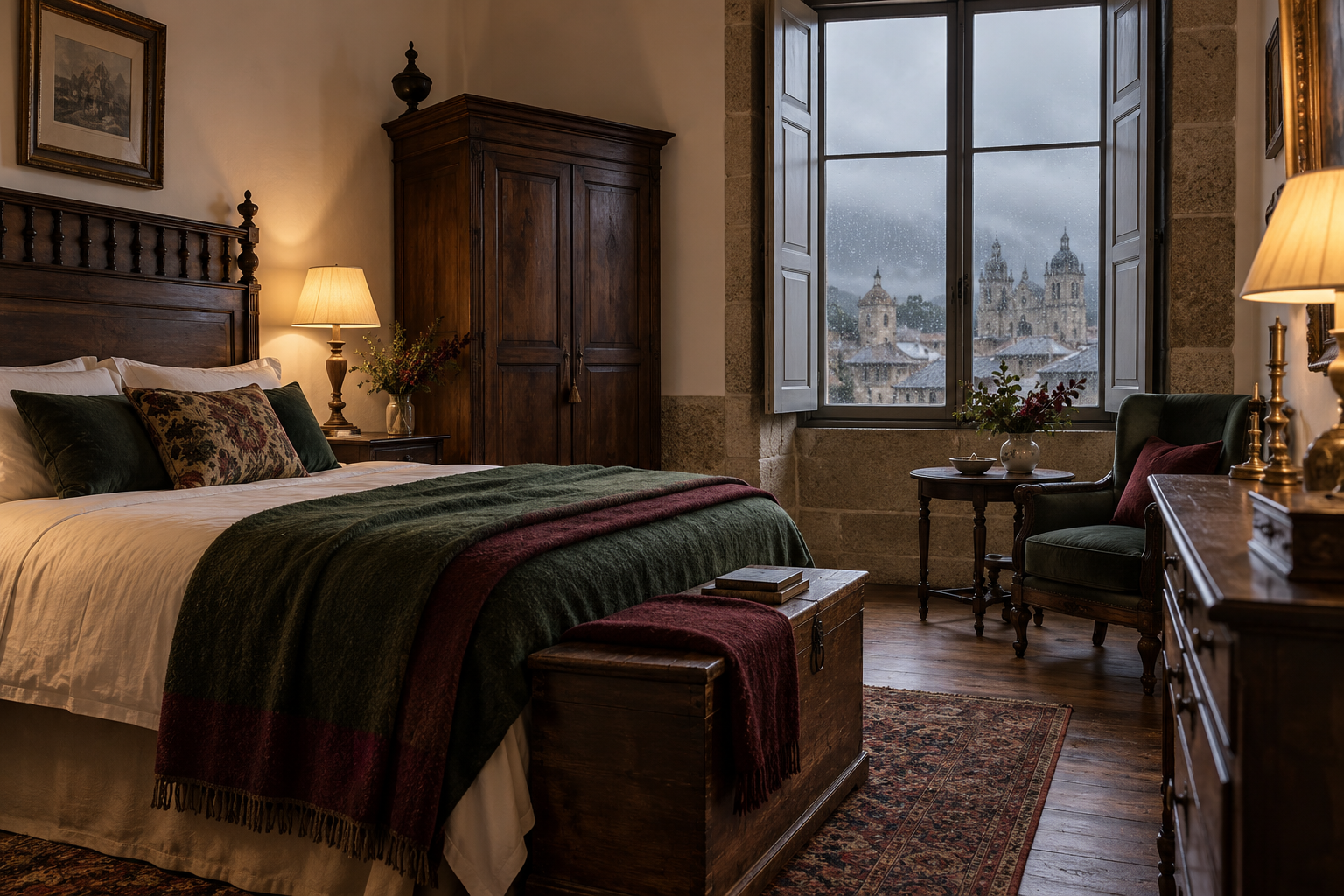 Boutique room with antique furniture, warm textiles and winter rain outside the window