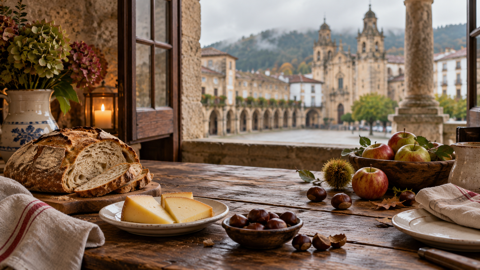 Galician bread, cheese, apples and chestnuts on a table overlooking a historic town