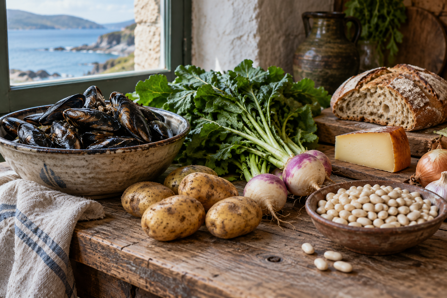 Mussels, potatoes, greens, beans, bread and cheese arranged on a Galician kitchen table