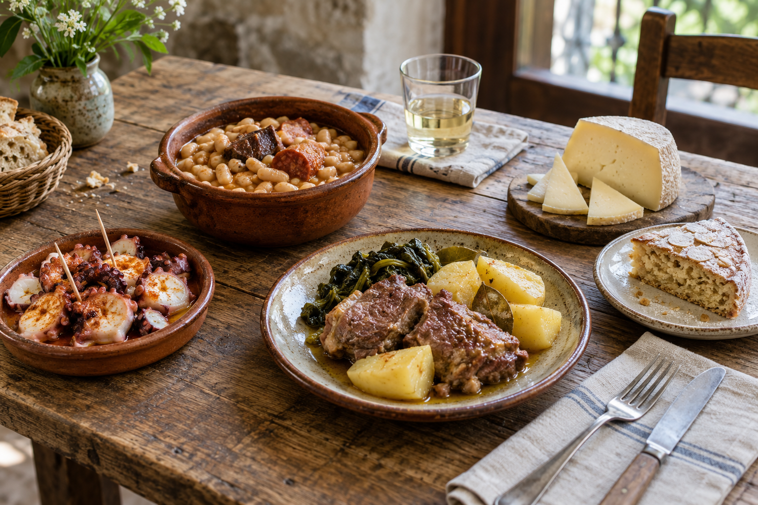 A modest Galician tasting table with octopus, beans, meat, potatoes, cheese and cake