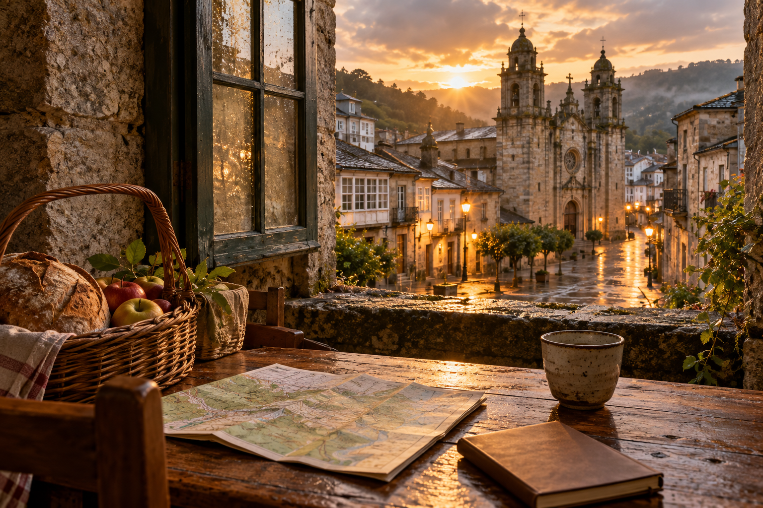 Bread, apples, a map and a cup beside a stone window overlooking a historic Galician town