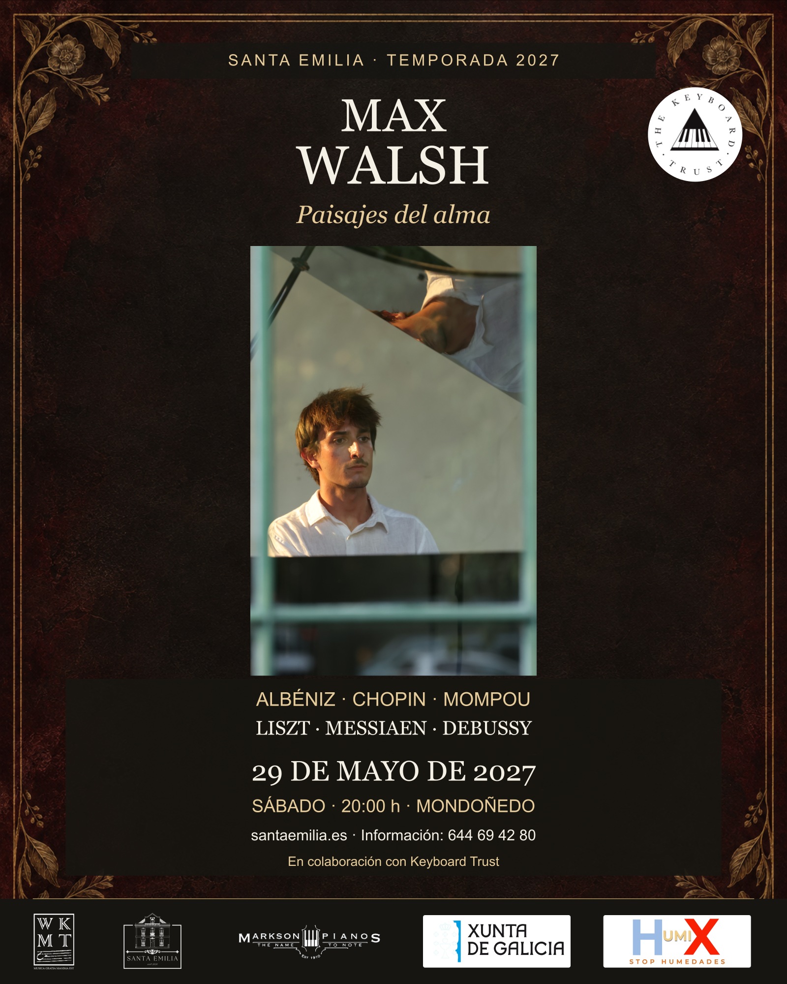Max Walsh — Paisajes del alma. 29 de mayo de 2027, 20:00. Cartel con sello oficial Keyboard Trust.