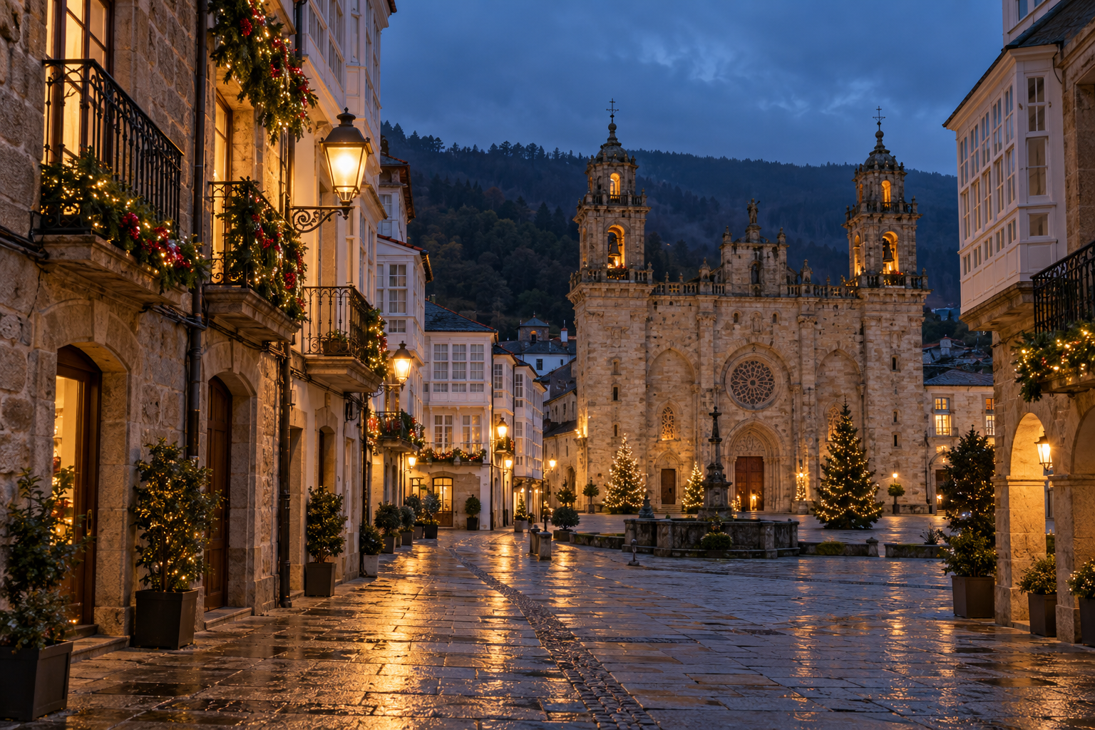 Escena editorial de una plaza histórica gallega iluminada en Navidad