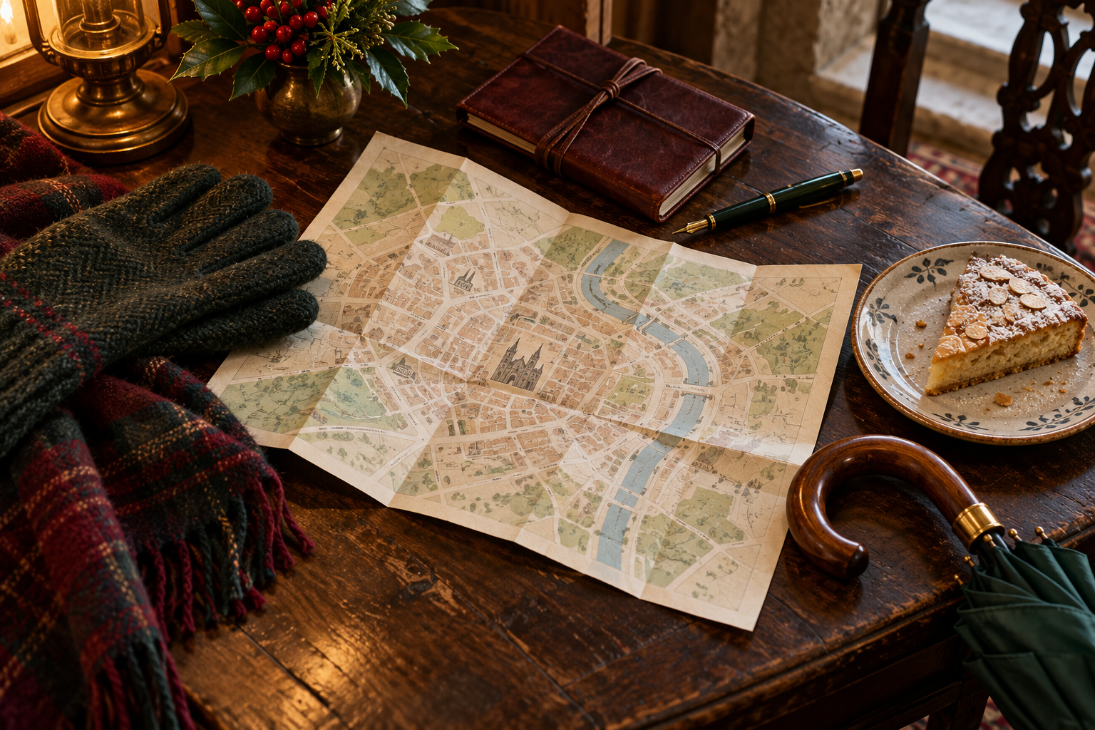Mesa de viaje con mapa, cuaderno, guantes, paraguas y una porción de tarta