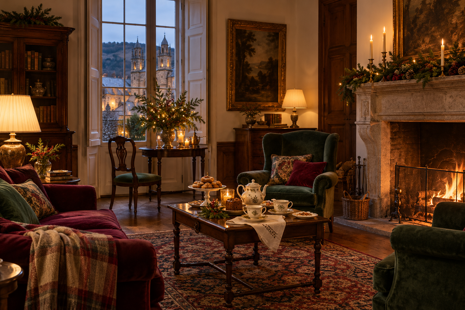 Salón histórico preparado para una pausa cálida de invierno