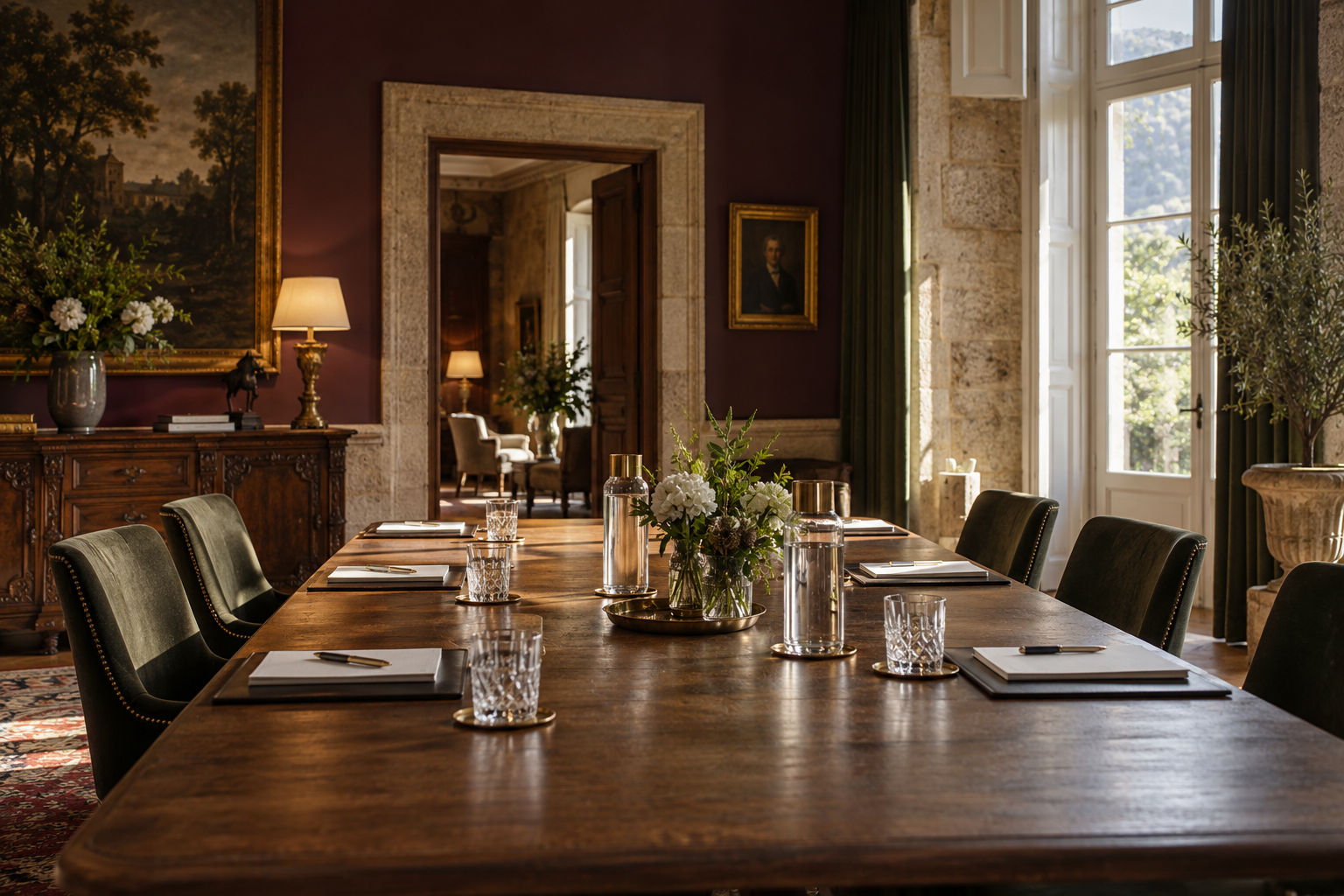 Mesa preparada para un offsite de empresa en un palacete gallego