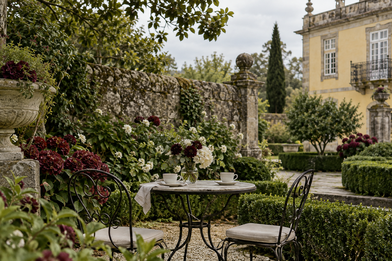 Mesa pequeña en un jardín amurallado para una pausa privada