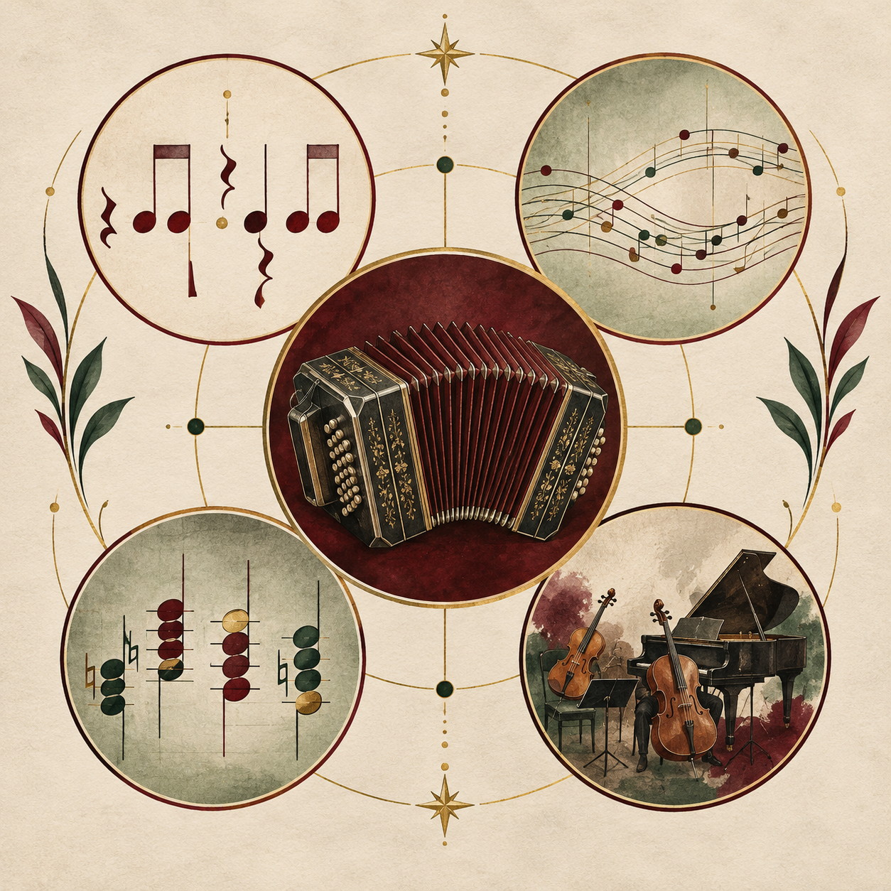 Diagrama visual de bandoneón, ritmo, armonía y trío de cámara