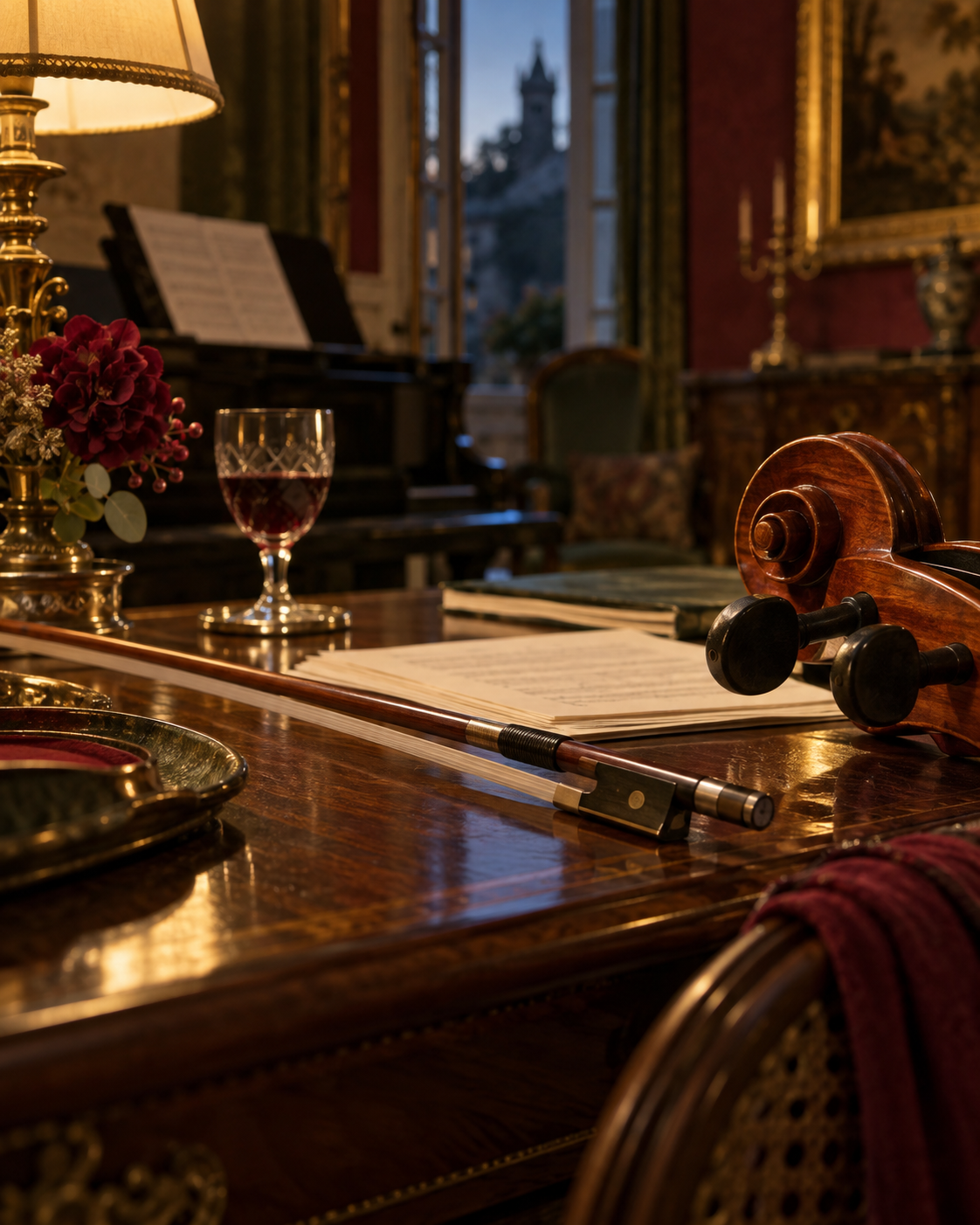 Mesa con violonchelo, arco, partitura y luz cálida antes de un concierto