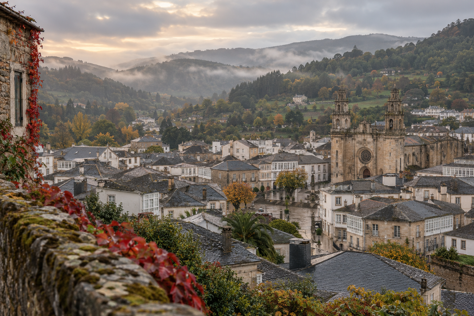 Vista otoñal de Mondoñedo entre tejados de pizarra y colinas