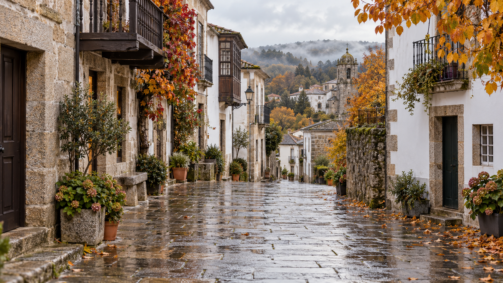 Calle histórica de piedra después de la lluvia en el norte de Galicia
