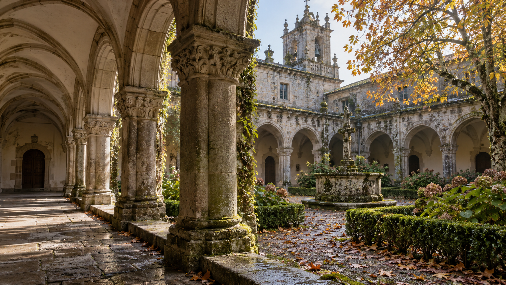 Claustro gallego de piedra con luz suave de otoño