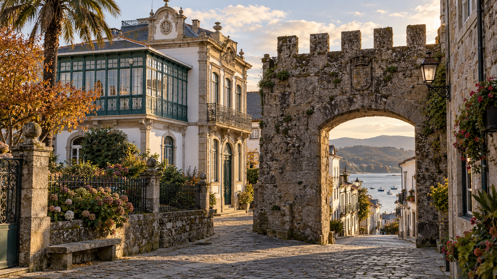 Arquitectura indiana y puerta medieval en una escena costera gallega