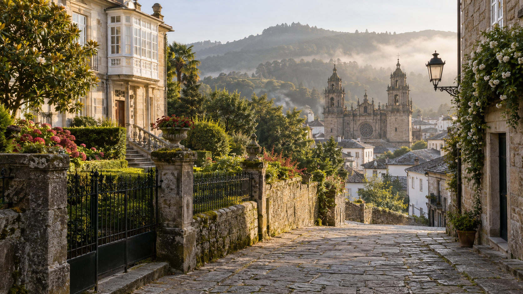 Camino empedrado hacia Mondoñedo con Santa Emilia y la catedral al fondo
