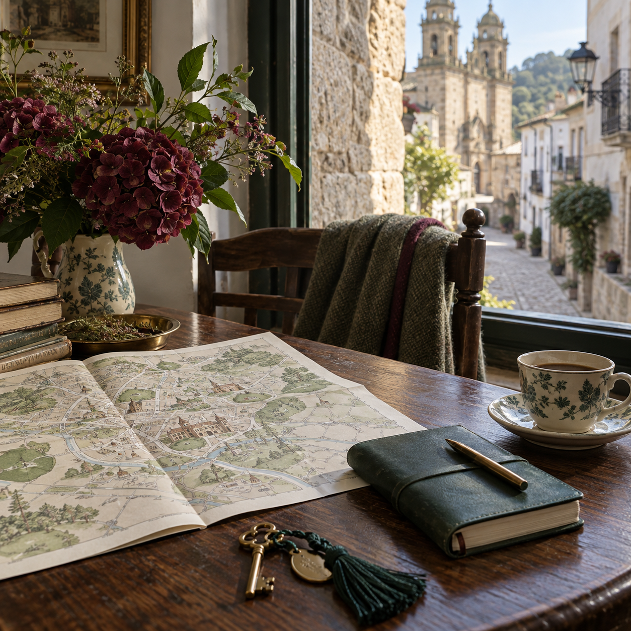 Mesa con mapa, llave y flores para planificar una visita cultural