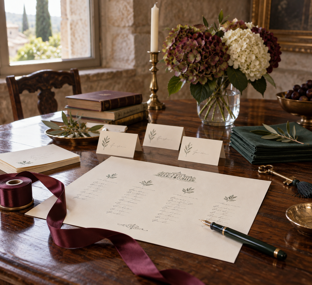 A planning table with place cards, flowers and burgundy ribbon