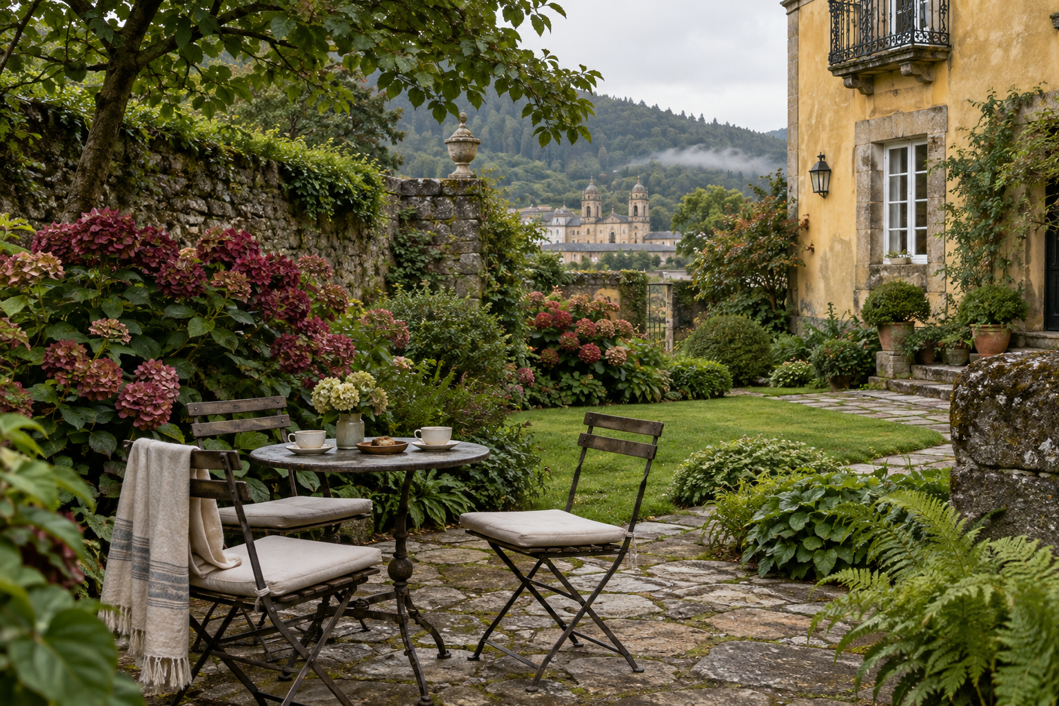A quiet garden prepared for coffee at a historic Galician house