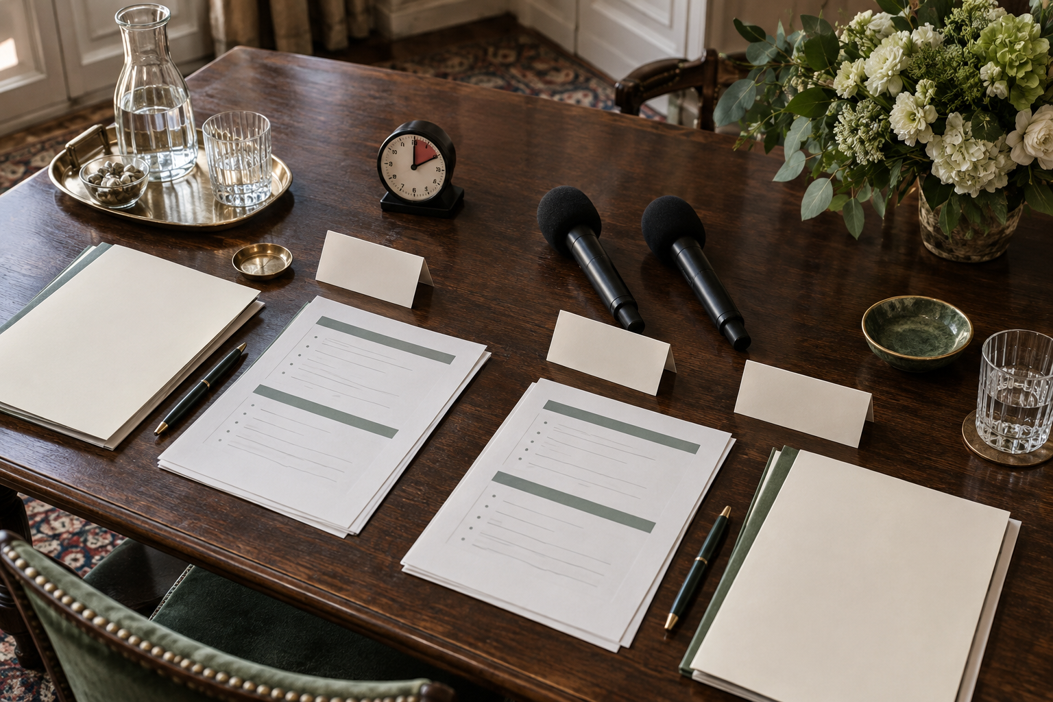 Mesa con guion, micrófonos y materiales para preparar una rueda de prensa