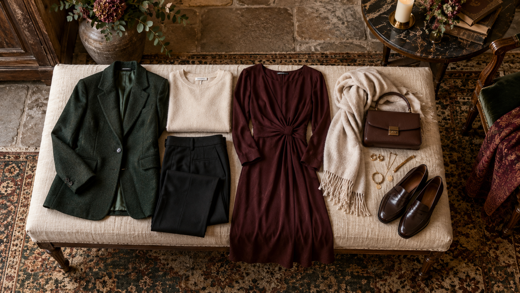 Smart-casual concert clothing arranged as a practical capsule wardrobe
