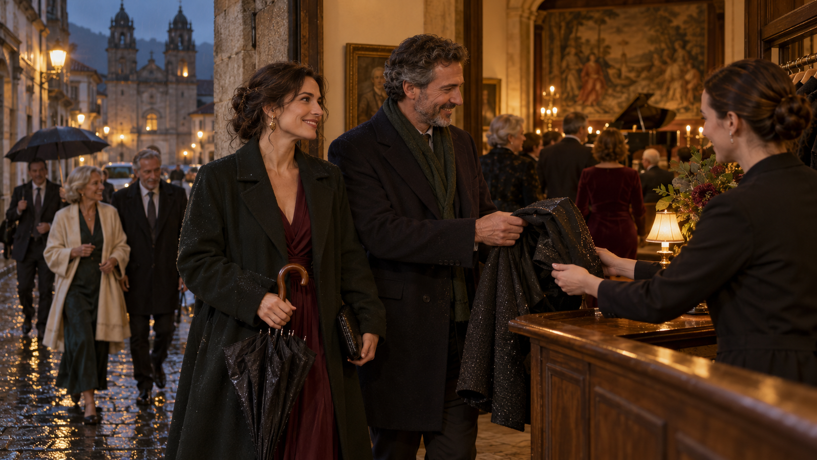 Guests arriving from a rainy Mondoñedo street in smart coats for a concert