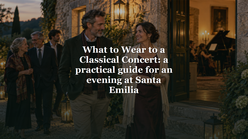 What to Wear to a Classical Concert title over guests arriving at Santa Emilia